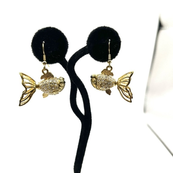 Gold Tone Crystal Fish Earrings with Whimsical Design 3 D Hook Earrings - Picture 6 of 10